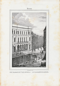 712054 Bladzijde uit vermoedelijk uit een almanak, met een afbeelding ‘Het Magazijn van Sinkel - Le Magasin de Sinkel’, ...